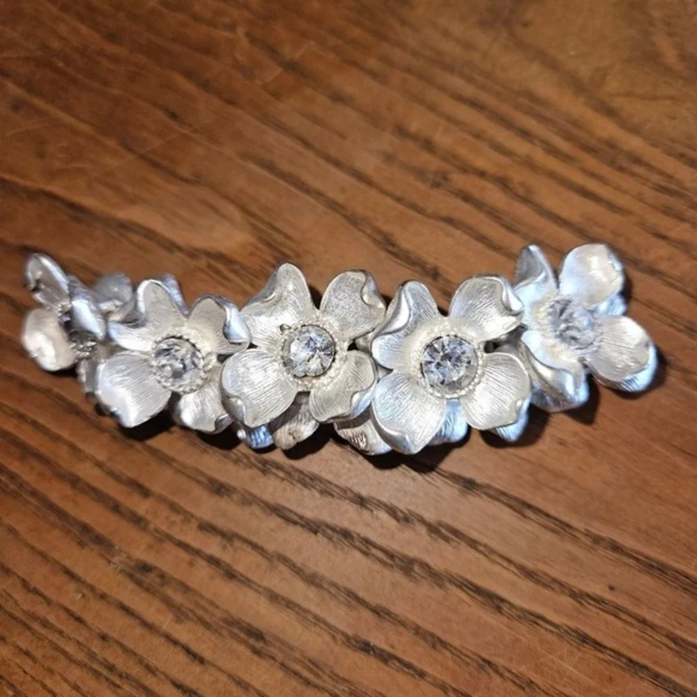 Floral Rhinestone Statement Bracelet Silver Crystal Flex‎ Bangle Bridal Prom